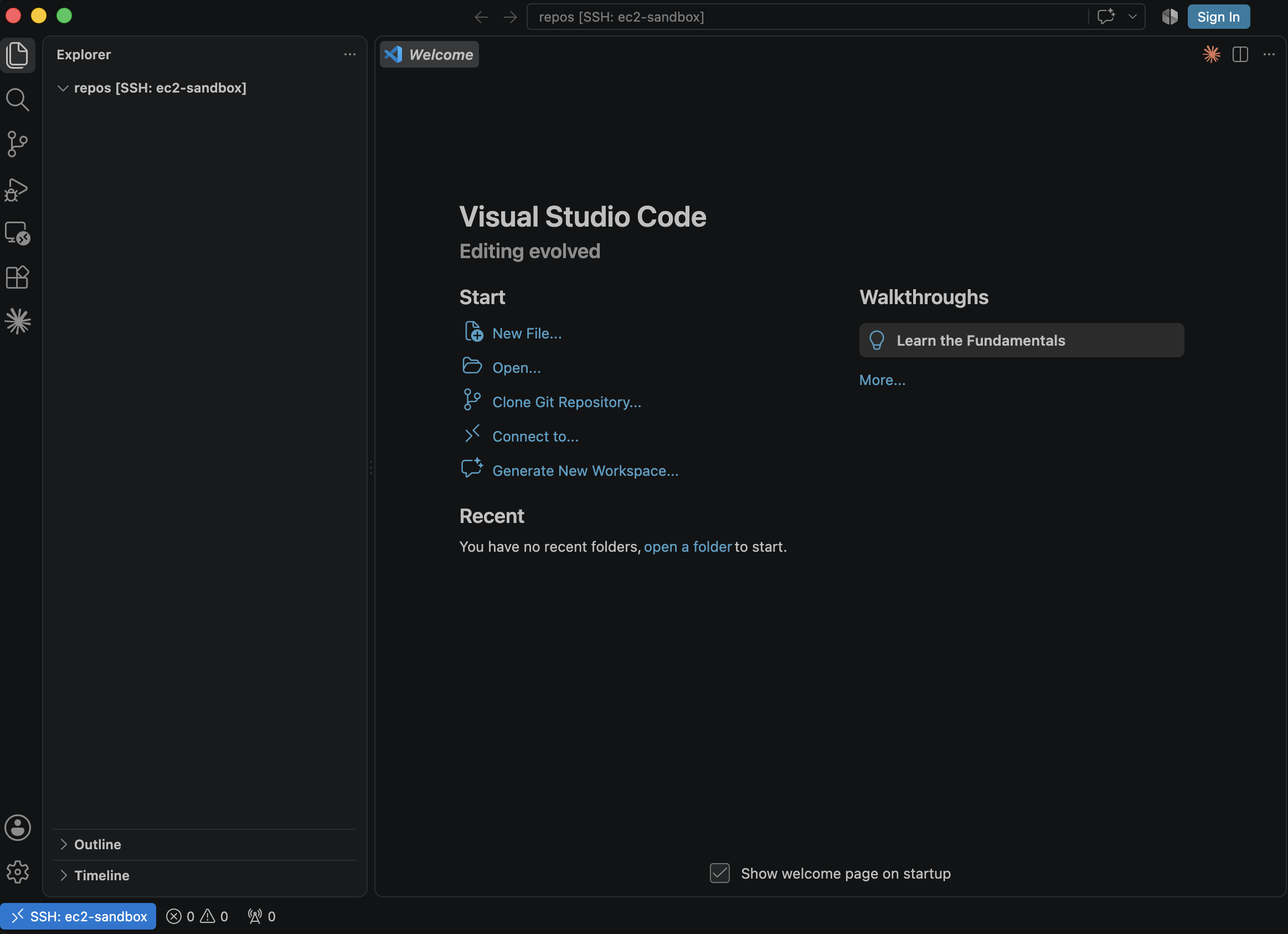 VS Code Remote-SSH connected to the ec2-sandbox instance